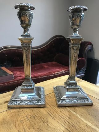 Pair Antique Silver Plated Column Candlesticks Hawksworth & Eyre.  Victorian.
