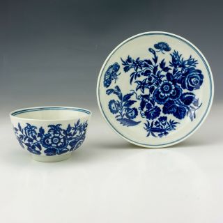 Antique First Period Worcester - Blue & White Tea Bowl & Saucer - Lovely