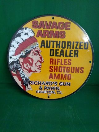 Vintage 1972 Savage Arms Porcelain Enamel Sign Indian Winchester Pawn Shop