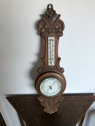 Large Antique Carved Oak Banjo Barometer/thermometer