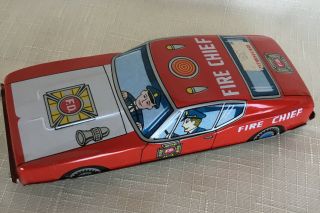 Vintage Tin Japan Fire Chief Friction Ford Mustang Toy Car Fd 5.  25 " Long