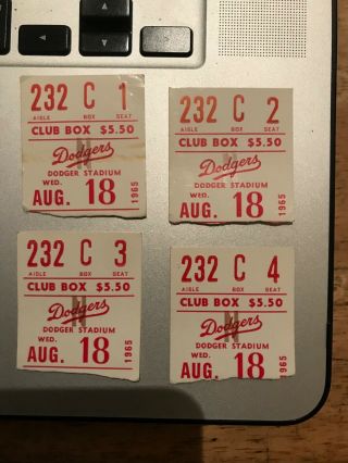 1965 L.  A.  Dodgers/phil.  Phillies - Set Of 4 Ticket Stubs - Aug 18 - Sandy Koufax Start