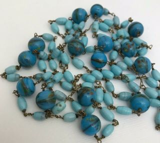 Lovely Vintage Czech Robin’s Egg Blue Art Glass Rosary Chain Necklace