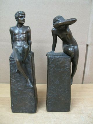 Antique Greek Nudes Male Female Bookends Galvano Bronze Clad Orig Finish 1915