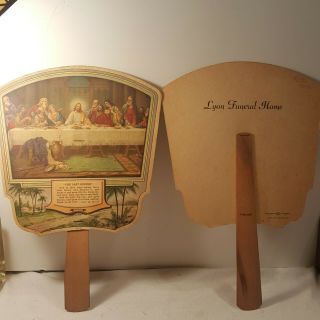 2 Vintage Hand Fan Advertising For Funeral Home Jesus And The Last Supper Lyon