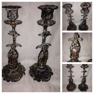 Antique Pair Baroque Bronze Figural Candlesticks Holders Stands From France