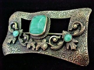 Vintage Victorian Art Nouveau Rhinestone Sash Pin Brooch With Green Cabachons