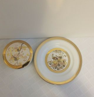 Vintage Fine Porcelain Chokin Art Trinket Box And Plate 24k Gold Trim Birds
