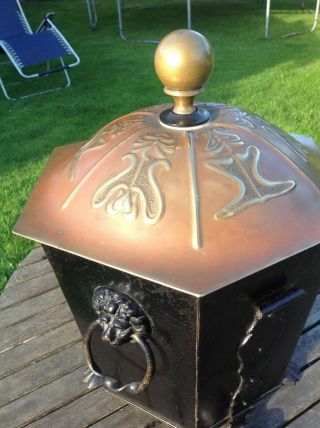 Copper & Brass & wrought iron Arts and Crafts Art Lion head ring handle Coal Bin 2