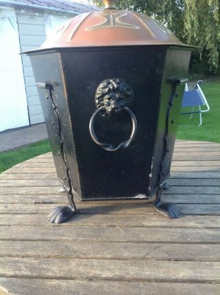Copper & Brass & wrought iron Arts and Crafts Art Lion head ring handle Coal Bin 3
