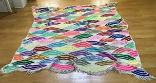 Rainbow Vintage Crochet Afghan Multi Color Double Size Handmade 70x75 Unique