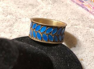 Vintage Chinese Gilt Silver Cloisonné Ring Aqua Blue Enamel Leaves Band Sz 7.  5