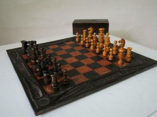 Antique Chess Set Small French Regence K 62 Mm And Vintage Leather Chess Board