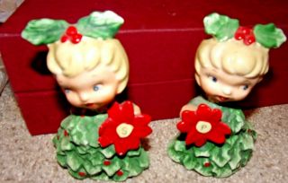 Vtg 1950s Holt Howard Elf Girls Holly Pixie Poinsettia Ceramic Xmas Salt Pepper