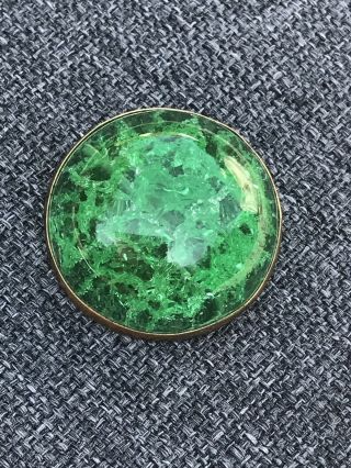 Antique Victorian Crackled Green Emerald Glass Brooch Pin In Brass 3,  5cm