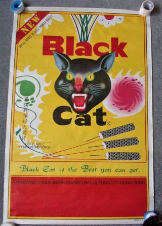 Vtg Li & Fung Hong Kong Black Cat Firecracker Poster Variation Printed In Macau
