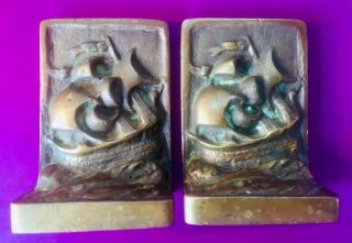 Antique Solid Bronze Bookends With A Nautical Theme - Very Heavy,  Quality