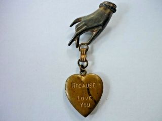 Vintage Heart Locket With Hand " Because I Love You " Pin Brooch Retro