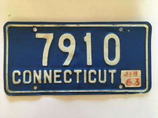 1963 Connecticut License Plate Metal Year Tab On Low Number 4 - Digit 1957 Base