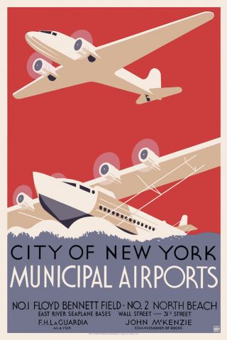 Art Deco Travel Poster 30s York Airport Sikorsky S - 42 Flying Boat Dc3 Dakota