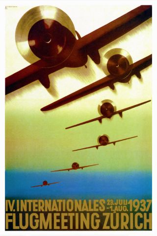 Vintage Art Deco Swiss Aviaton Poster 1937 Iv International Airshow Zürich Retro