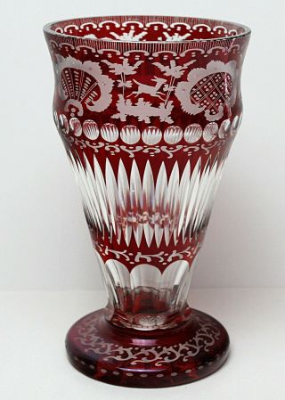 An Antique Bohemian Ruby Red Glass Flash Cut Vase 9 Inches (23 Cm) Tall
