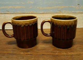 Set Of 2 Vtg 1970s Brown Drip Glaze Stacking Mugs Japan Coffee Cups Farmhouse