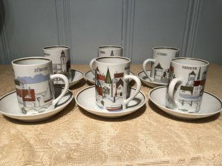 Vintage Suisse Langenthal Set Of 6 Demi Tasse Cups & Saucers City Scapes