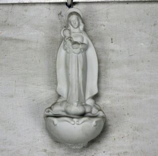 Antique French Holy Water Font Bisque Holy Virgin Infant Child Collector Htf