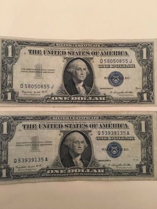 2 Old 1957 One Dollar Bills Well Circulated Silver Certificate Vintage