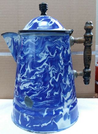 Antique Granite Ware Enamel Coffee Pot In Blue And White Swirl Rare 11 " In Tall