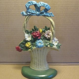 Antique Cast Iron Basket Of Flowers Door Stop - Hubley 61