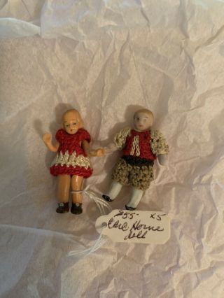 Two Antique All Bisque Carl Horn Dolls In Crochet Outfits