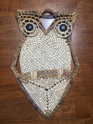Vintage Wicker Rattan Woven Owl Wall Hanging Pocket Boho Folk Art Trivet Holder 2