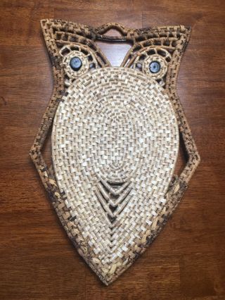 Vintage Wicker Rattan Woven Owl Wall Hanging Pocket Boho Folk Art Trivet Holder 3