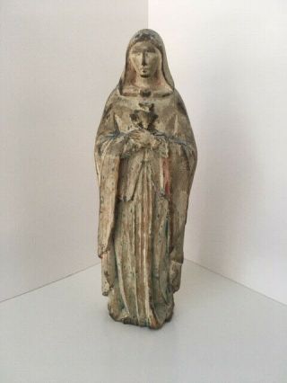 Antique Immaculate Heart Of Mary Hand - Carved Wood Polychrome Painted 19th Centur