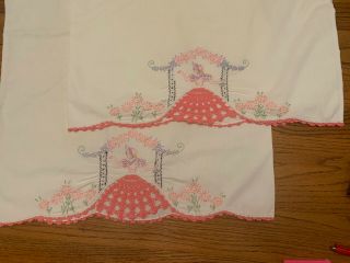 Vintage Pair Pillowcases Hand Embroidered Southern Belle Pink Crochet Skirt