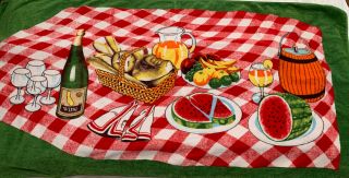 Vintage Hilasal Beach Towel Bath Sheet Picnic Wine Fruit Bread Basket Green Red