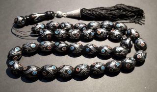 Antique Islam Black Coral Yusr 33 Rozary Worry Prayer Beads Inlay 64 Grams