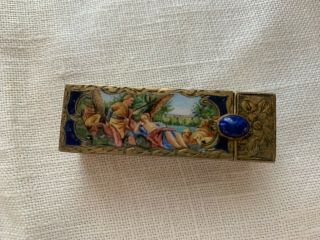 Gold Antique Lipstick Holder,  With Mirror,  Cobalt Blue Stone
