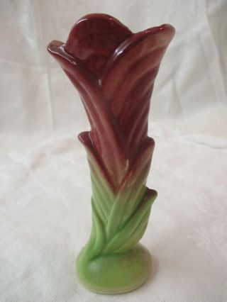 Vintage Shawnee Pottery Bud Vase Maroon Red & Green Leaves