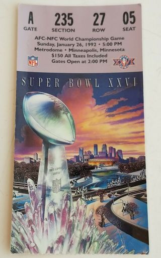 Bowl Xxvi (26) Ticket Stub Washington Redskins Buffalo Bills 1992