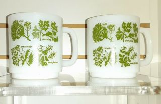 Vintage Glasbake Milk Glass Green Herbs Mug Coffee X 2 Mugs