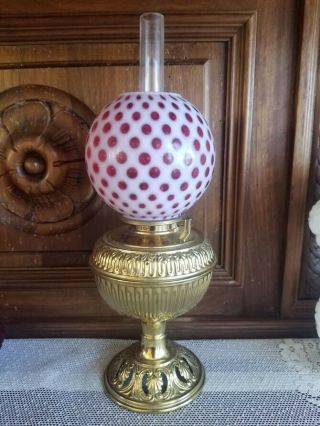 Miniature Antique B&h Brass Decoration Lamp With Cranberry And Opal White Shade