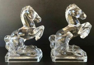 Vintage L.  E.  Smith Glass Horse Bookends Clear Mid Century Mcm