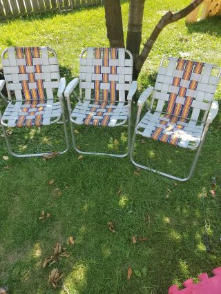 Antique Aluminum Folding Webbed Lawn Chairs White Blue Yellow Red & Orange.  3