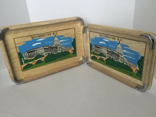 Vintage Set Of 2 Washington Dc Wooden Painted Souvenir Trays 7 " X11 " And 8 " X12 "