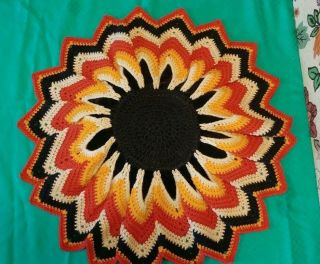 Crochet Toss Pillow Decorative Sunflower Pattern Red Orange Brown Beige Vintage