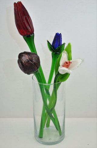 Vintage Set Of 4 Hand Blown Glass Flowers And Leaf