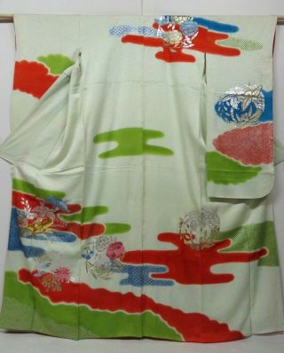 0826n10z950 Vintage Japanese Kimono Silk Furisode Light Blue Fog